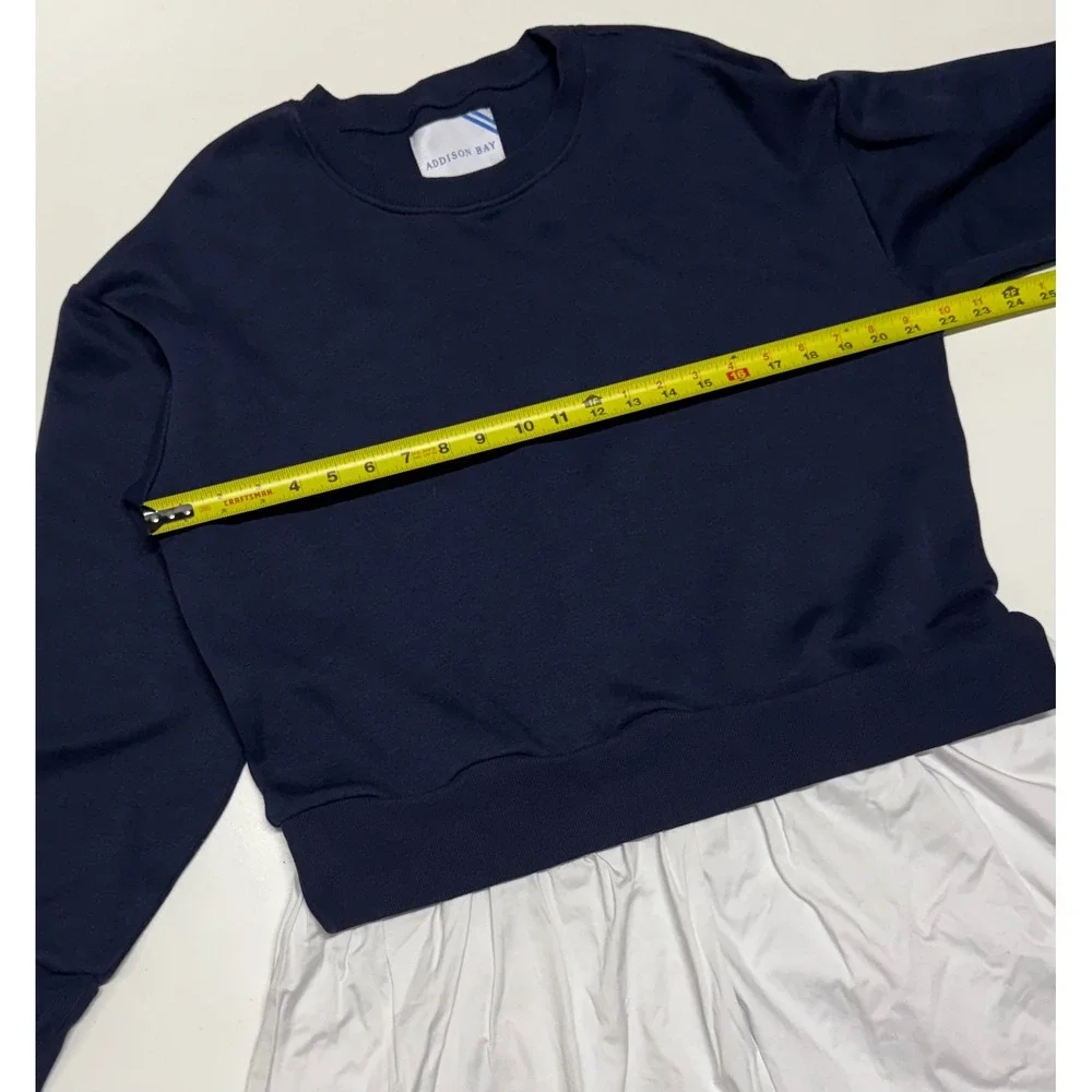 Addison Bay Navy Blue Mixed Media Sweatshirt White Poplin Hem Pullover XL